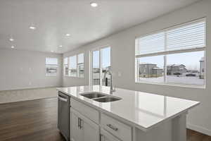 Kitchen featuring dishwasher, sink, an island with sink, dark hardwood / wood-style flooring, and white cabinetry