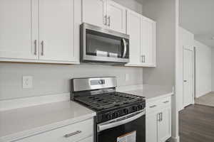 Kitchen featuring white cabinets, appliances with stainless steel finishes, and dark hardwood / wood-style flooring