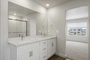 Bathroom with hardwood / wood-style floors, vanity, and an enclosed shower