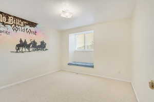 Carpeted empty room with a textured ceiling