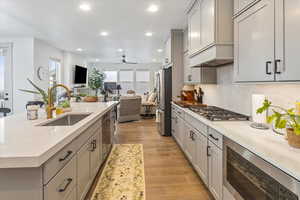 Kitchen with appliances with stainless steel finishes, gray cabinetry, ceiling fan, sink, and light hardwood / wood-style flooring