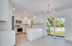 Kitchen featuring white cabinetry, hanging light fixtures, stainless steel appliances, light hardwood / wood-style flooring, and backsplash