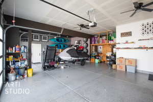 Garage featuring ceiling fan