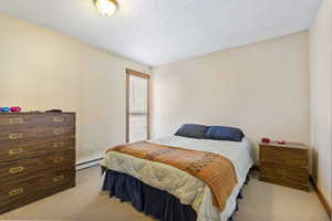 Bedroom featuring light carpet, a textured ceiling, and a baseboard heating unit