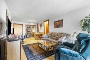 Living room with light hardwood / wood-style floors and a textured ceiling