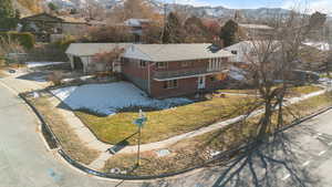 Aerial view featuring a mountain view