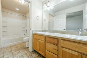 Full bathroom with vanity, toilet, and bathtub / shower combination