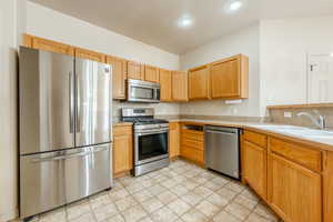 Kitchen with stainless steel appliances and sink