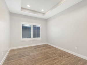 Spare room featuring a tray ceiling and hardwood / wood-style floors