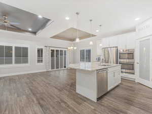 Kitchen featuring a center island with sink, pendant lighting, white cabinets, and a tray ceiling