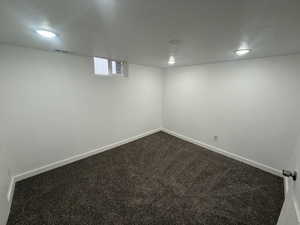 Basement featuring carpet and a textured ceiling