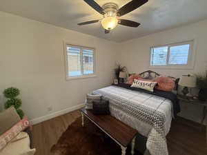 Bedroom featuring ceiling fan and hardwood / wood-style flooring