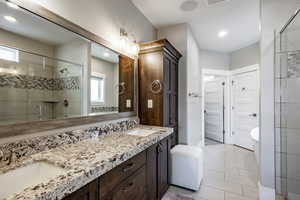 Bathroom with vanity and a shower with shower door