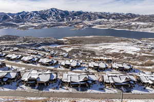 Snowy aerial view with a mountain view