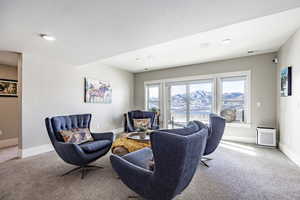 Carpeted living room featuring a mountain view