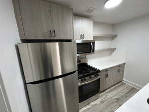 Kitchen with stainless steel appliances and light hardwood / wood-style flooring