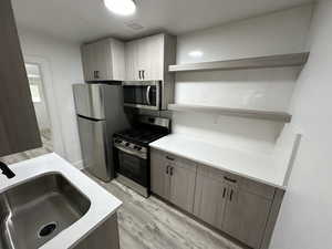 Kitchen with stainless steel appliances, light hardwood / wood-style flooring, and sink