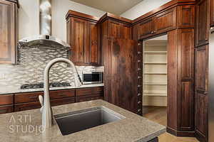 Kitchen featuring tasteful backsplash, appliances with stainless steel finishes, light wood flooring, and range hood and large pantry.