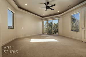 Primary bedroom featuring ceiling fan, a raised ceiling, and recessed lighting and great views.