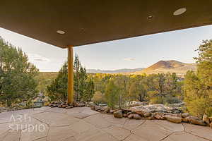 View of patio featuring a mountain view