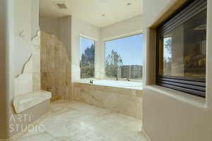 Bathroom with large tub and two way fireplace