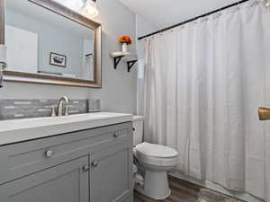 Bathroom featuring decorative backsplash, hardwood / wood-style floors, vanity, and toilet