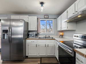 Kitchen featuring white cabinets, dark hardwood / wood-style flooring, sink, and appliances with stainless steel finishes