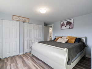 Bedroom with hardwood / wood-style floors and connected bathroom