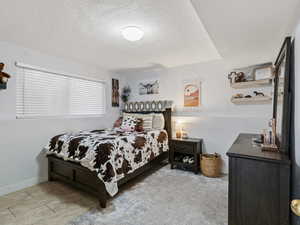 Bedroom with a textured ceiling