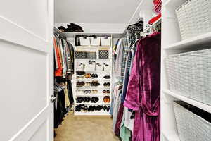 Walk in closet with light colored carpet