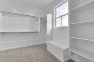 Walk in closet featuring light colored carpet