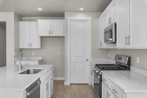 Kitchen with sink, white cabinets, stainless steel appliances, and light hardwood / wood-style floors