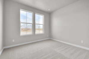 Unfurnished room featuring carpet and a mountain view