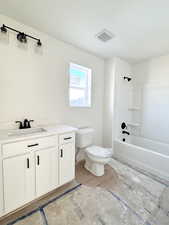 Full bathroom with vanity, shower / bath combination, and toilet