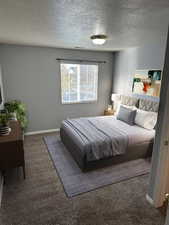 Carpeted bedroom with a textured ceiling