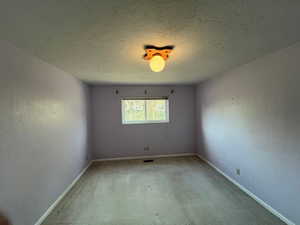 Carpeted spare room with a textured ceiling