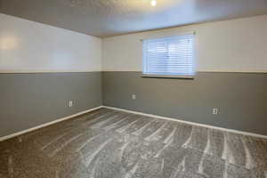 Empty room featuring new light gray carpet flooring and a textured ceiling