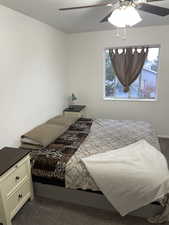 Carpeted bedroom featuring multiple windows and ceiling fan