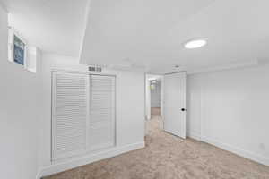 Basement with light colored carpet