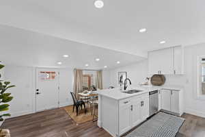 Kitchen featuring white cabinetry, sink, dark wood-type flooring, stainless steel dishwasher, and kitchen peninsula