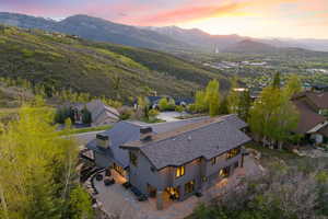 Aerial view at dusk with a mountain view