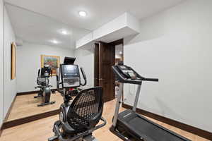 Workout area featuring light hardwood / wood-style flooring