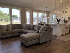 Living room featuring vaulted ceiling, sink, and dark hardwood / wood-style floors