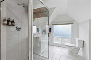 Bathroom with tile floors, vaulted ceiling, and lots of natural light