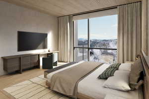 Bedroom with floor to ceiling windows, wood ceiling, and light hardwood / wood-style flooring