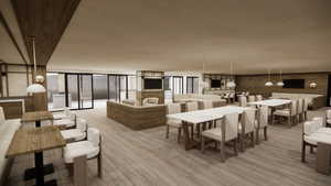 Dining room with a textured ceiling, light wood-type flooring, expansive windows, and wood walls