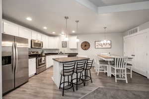 Kitchen with white cabinetry, hardwood / wood-style floors, pendant lighting, and appliances with stainless steel finishes