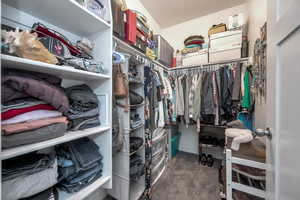 Spacious closet featuring dark carpet