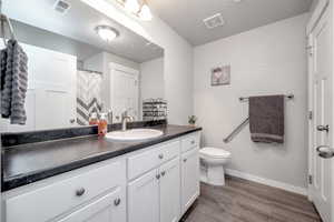 Bathroom with vanity, toilet, wood-type flooring, and a textured ceiling