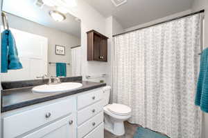 Bathroom with vanity, wood-type flooring, a textured ceiling, and toilet